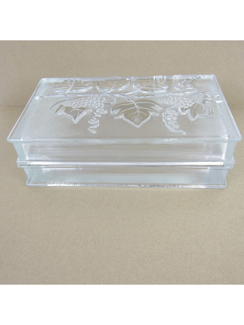 Vintage Trinket Box Heavy Clear Glass Grapevine Embossed Lesco Signed Book Shape